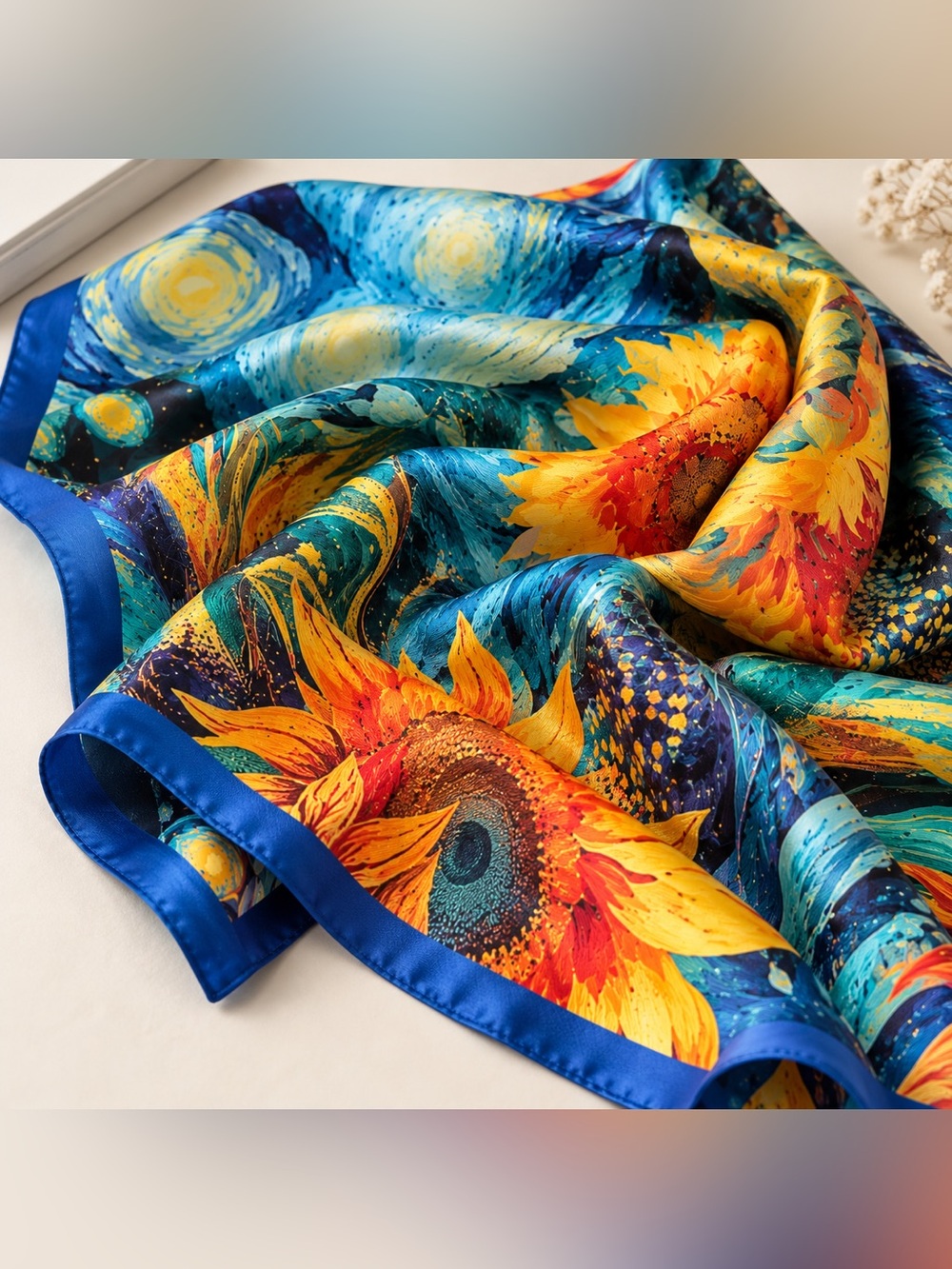 100% Mulberry Silk Scarf 35” Square Sunflower Starry Art Print Blue Yellow